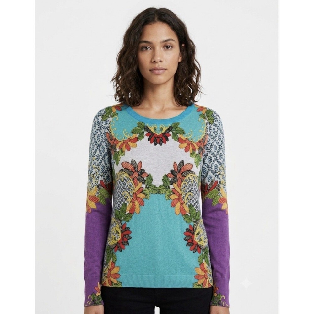DESIGUAL Women's Floral Patchwork Long Sleeve Knit Top/Sweater Blue Size XL